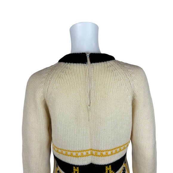 Vintage 60s Sweater Women's Medium Nordic Yellow Pattern Mod Pullover - Picture 9 of 10